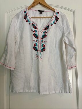 Tommy Bahama White Linen Tunic with Teal & Coral Embroidery Size L Lightweight